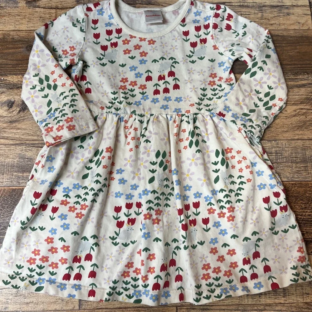 Hanna Andersson Floral Dress Toddler Girl 2T Bunny Cotton Long Sleeve Pockets